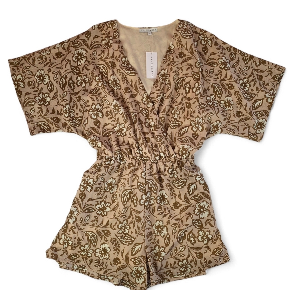 Baltic Born Connor Romper w/ Belt Taupe Brown Floral Boho Cottagecore L NWT